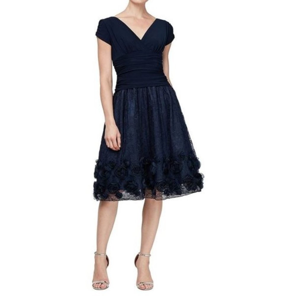 SOLD - Navy Ignite Evenings Cap Sleeve Rosette  A-Line Dress Mother Of Bride